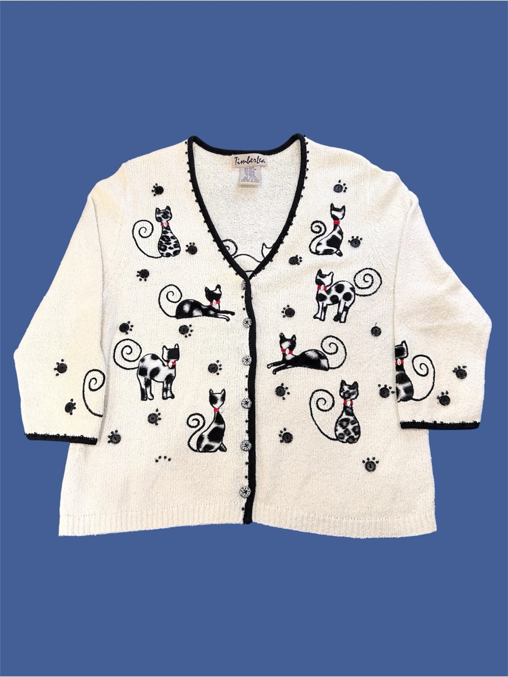 Vintage 90s Timberlea Cute Crazy Cat Lady Knit Cardigan Appliqué Cream Medium